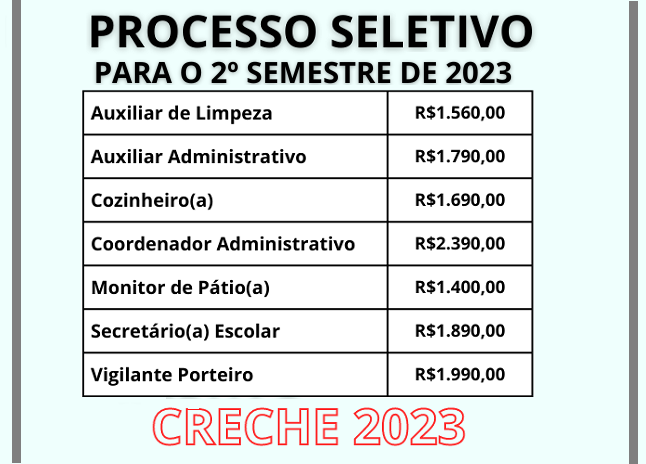 CRECHE ABRE PROCESSO SELETIVO PARA O 2º SEMESTRE 2023 COM DIVERSAS VAGAS